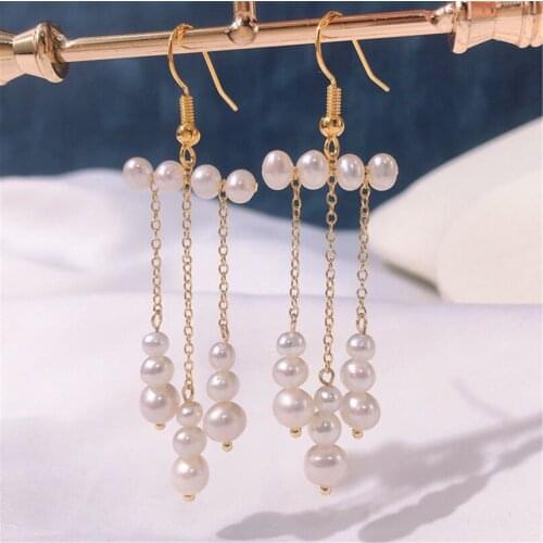 Pearl Tassel Earrings Retro Vintage Ear Hook Stud Erring 14K Gold Filled Silver 925 for Women and Girls