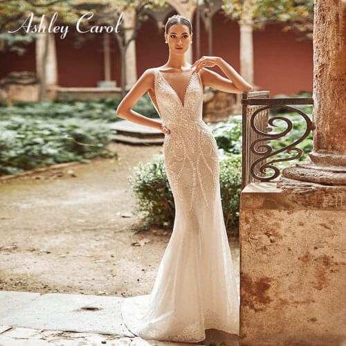 Ashley Carol Lace Mermaid Wedding Dress 2021 Glamorous Backless Bride V-Neck Sleeveless Beading Appliques Vintage Bridal Gowns