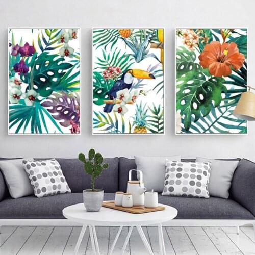 Tropical Rainforest Plants Flower Bird Natural Style Canvas Painting Posters And Prints Wall Art Living room home decor