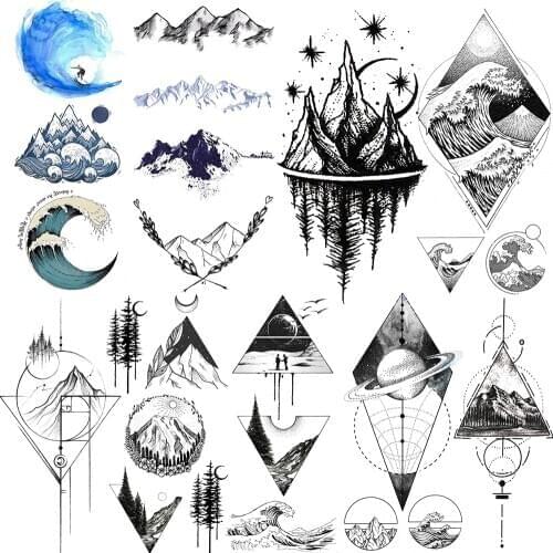 Mountain Temporary Tattoos For Men Women Black Hill Peak Tattoo Sticker Geometry Sea Wave Tree Fake Tatoos Minimalist Hands Arm