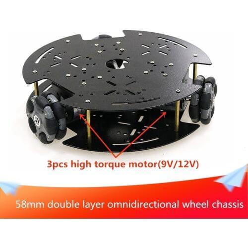 58mm Omnidirectional Wheel Chassis Car Double Layer Omnidirectional Mobile 3WD Metal Smart Robot Tank Car with 9V/12V Motor DIY
