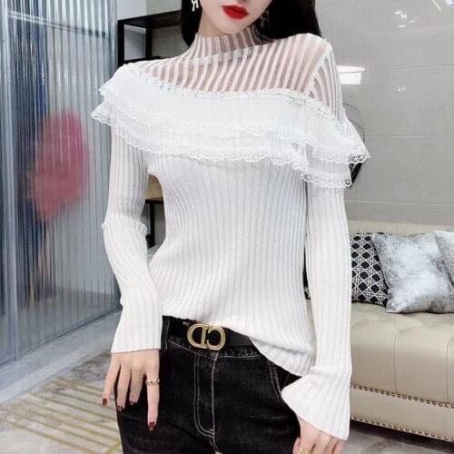 Lace Ruffle Sexy Turtleneck Vintage Knit Korean Fashion Women Clothing Hot Style Top Bright Silk 2020 Fall Winter Party Sweater