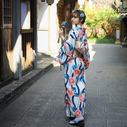 Japanese Traditional Floral Print Long Kimono Japan Femmes Stage Costume Cosplay Cotume Asian Clothings Sexy Geisha Yukata Women
