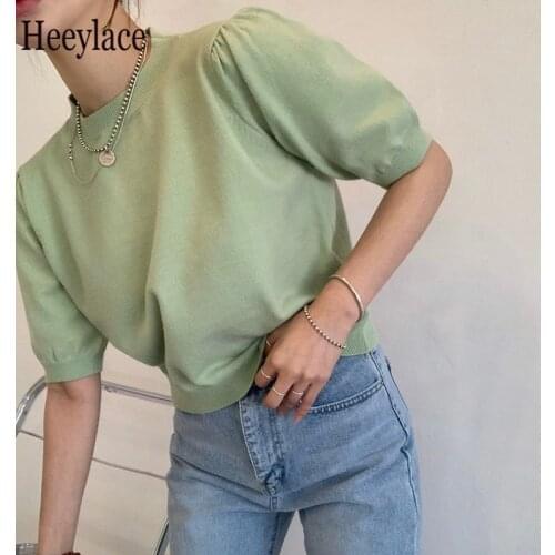 Puff Sleeve T Shirt Tops Solid Korean Chic 2021 Summer T-shirt Ins Simple Fashion Knitted Ropa Mujer Elegant Women Tops
