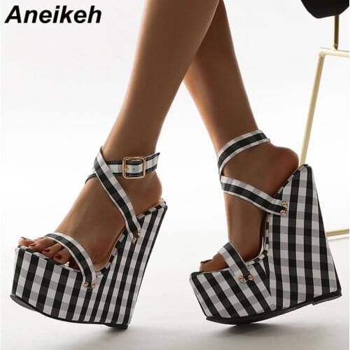 Aneikeh 2021 Summer Fashion PU Peep Toe Wedges Platform Women Sandals Classics Black White Plaid Ankle Buckle Strap Party Shoes