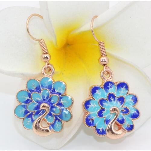 High quality lovely rose gold-color cloisonne 18mm carved peacock drop dangle earrings for women fashion clothes jewelry B2574