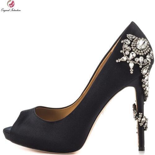 Original Intention Women Pumps Rhinestone Peep Toe Thin High Heels Pumps Ladies Black White Shoes Woman Plus US Size 4-15