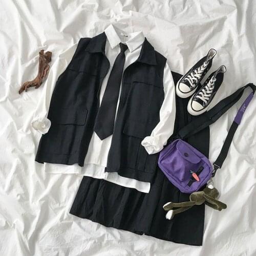 Women Sets Ulzzang White Shirts Sleeveless Cargo Open Stitch Vest High Waist Pleated Skirts 3 Pieces Solid Chic Office Students