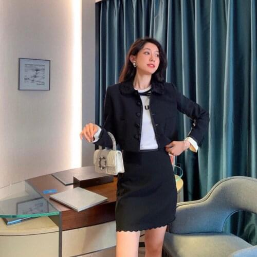 New Autumn Korean Fashion Black Jacket and A-line Mini Skirt Set for Women 2021 Elegant Streetwear Clothing