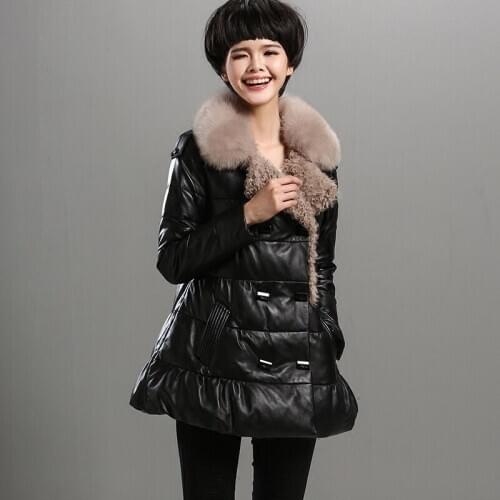 Womans Genuine Leather Fox Fur Collar Womens Winter Down Jacket Sheepskin Coat Chaqueta AF2301 KJ1523