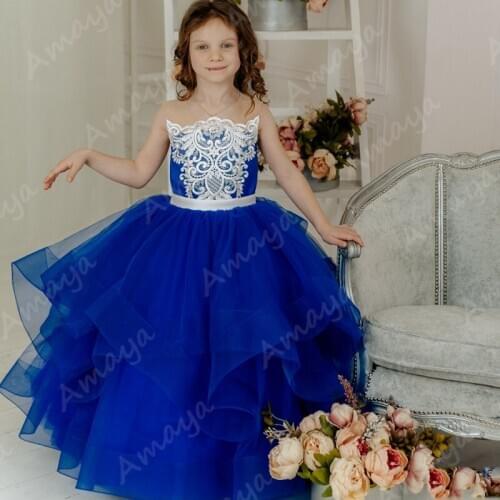 Amaya Royal Blue Ruffles Flower Girls Dresses Puffy Lace Appliques Pageant Communion Birthday Gowns Sleeveless Vestido de Niña