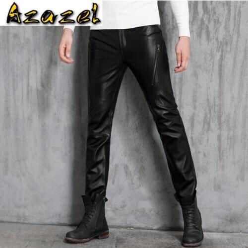 Winter new mens slim genuine leather pants Korean sheep leather male pants motorcycle feet pants windproof Men casual trousers