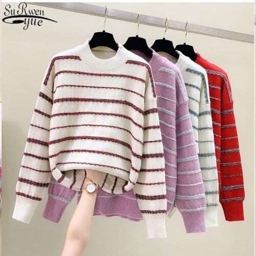 Winter Clothes Women Korean Style Loose Striped Sweater Women Fashion Long Sleeve O-neck Pullover Straight Lazy Pull Femme 11948