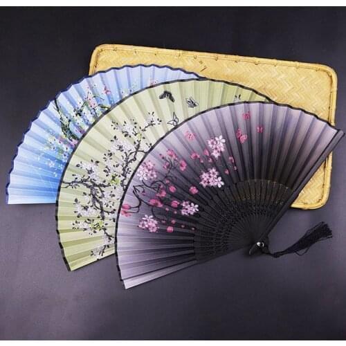 1PC Retro Chinese Japanese Silk Bamboo Folding Fan Home Decoration Ornaments Floral Painting Hand Held Fans Dance Party