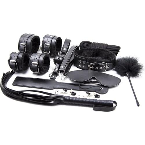 10PCS/Set Sex Tools BDSM Bondage Rope Fetish Kit Restraints Slave Toys Ass Pat Handcuffs Nipple Clamps Whip Eye Cup Mouth Gap