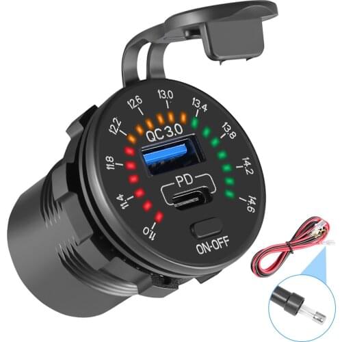 12V 24V QC 3.0 Dual USB Car Charger Waterproof 18W USB Outlet Fast Charge with LED Voltmeter ON OFF Switch Power Cable