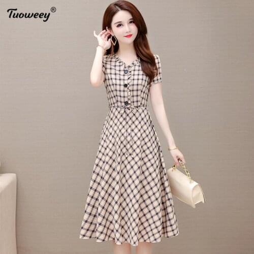 2021 new Retro a-line v neck Plaid Tunic Dress Women short Sleeve 50S Vintage Gingham Dress Summer Belted Elegant Dresses