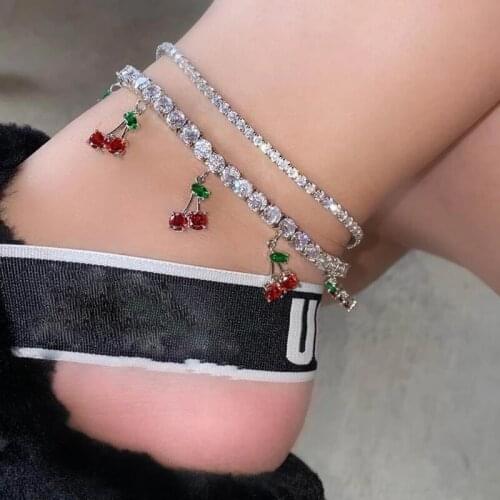 New arrive iced out bling 5A cubic zirconia colorful cz tennis chain cherry anklet for women girl sweet fruit foot chain jewelry