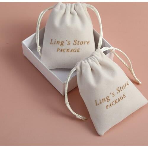50 Personalized Velvet Jewelry Pouch Beige Drawstring Bags Chic Small Pouches Wedding Favor Gift Pouches Packaging Custom Logo