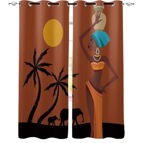 African Women Sunset Landscape Elephant Window Curtains for Living Room Bedroom Modern Curtains Home Decoration Kid Room Drapes