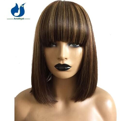 Amethyst Brown With Highlight Blonde Short Silk Top Lace Front Human HairWigs With Bang Ombre Highlight Short Bob Cut Lace Wigs