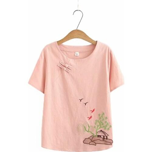 Plus size Embroidery button short sleeve Cotton linen women tshirts 2021 new summer casual ladies O-Neck t shirts female tops