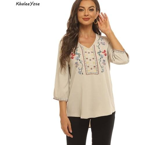 KHALEE YOSE Boho Embroidery Blouses Shirt Beige Autumn Chic Plus Size Mexican Shirt Vintage Long Sleeve 3xl Women Ethnic Tops