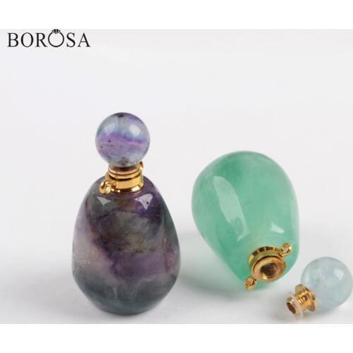 BOROSA Design 4Pcs Gold Plated Rainbow Green Fluorite Connector Perfume Bottle Essential Oils Bottles Women Gift Jewelry WX1179