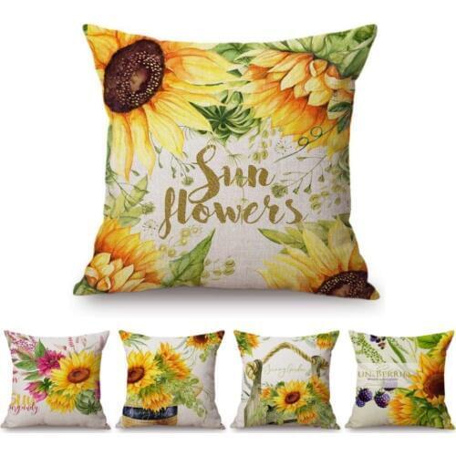 18" Watercolor Hand Painting Sunflower Floral Decorative Sofa Throw Pillow Case Nordic Cozy Home Decoration Linen Cushion Cover