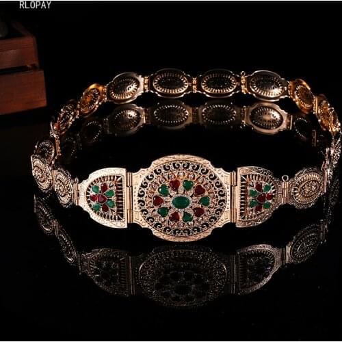 Ethnic Turkish Caftan Dress Belts with Green and Red Rhinestones Gold Plating Ethnic Bridal Jewelry Chain Belts Drop Shipping