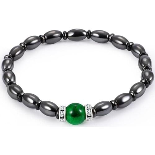 European Fashion Cubic Zircon Rhinestone Green Stone Charm Rice Oval Black Magnetic Hematite Stone Beaded Bracelets Women Men