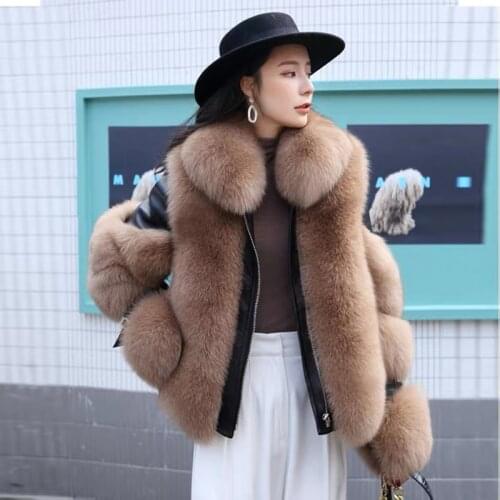 Hot Sale High Quality Fluffy Real Fox Fur Coat Long Sleeves Fur Overcoat and Detachable Fox Fur Collar