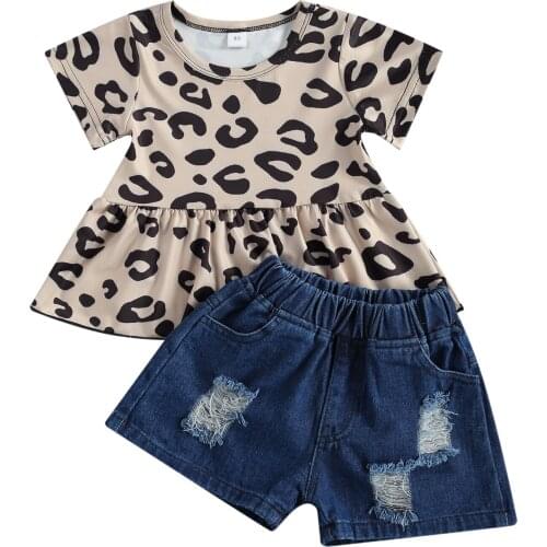 2Piece Set Childrens Leopard Printed Round Neck Shirt Ruffled Tops Denim Shorts for Kids