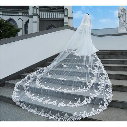 2020 New hot 5 Meters 3 Layer Lace Tulle Long Wedding Veil New White Ivory 5 M Bridal Veil with Comb Accessories
