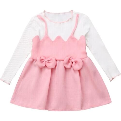 Cute Toddler Girls Dress Kids Girls Dress Pink Bow Knot O Neck Long Sleeve Mini Dresses Princess Party Dresses Baby Clothes