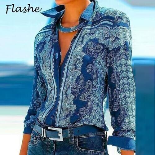 Fashion Women Shirts Print Top For Women Plus Size Shirts Long Sleeve Retro Print T Shirt 2021 Women Handsome Lapel Streetwear