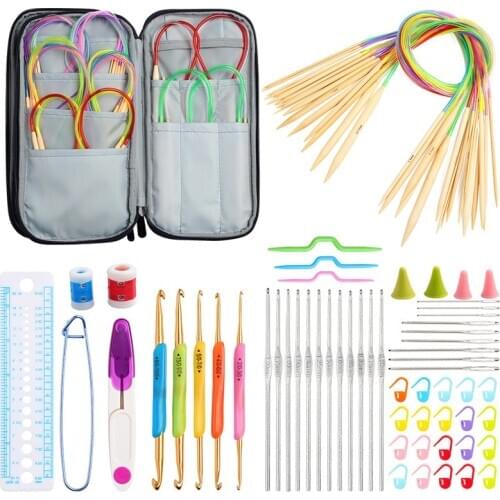 17pcs Crochet Hooks Set 18 Pairs 2.0mm to 10.0mm Circular Knitting Needles Sewing Accessories Set for DIY Craft Tools with Bag