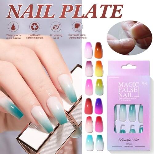 24 PCS DIY Full Cover False Nail Tips Coffin Fake Nails Rainbow Gradient Candy Trapezoidal Fake Nails Ballet Wearable Nails