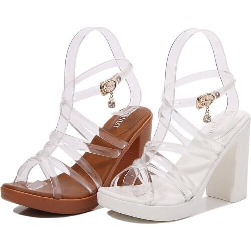 Summer New Cross Strap Crystal Ultra High Heel Chunky Sandals New Summer Transparent Rubber Sandals Fashion