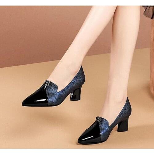 Pointy single shoe womens thick heel Shallow mouth Heel womens spring and Autumn 2021 low heel womens shoes