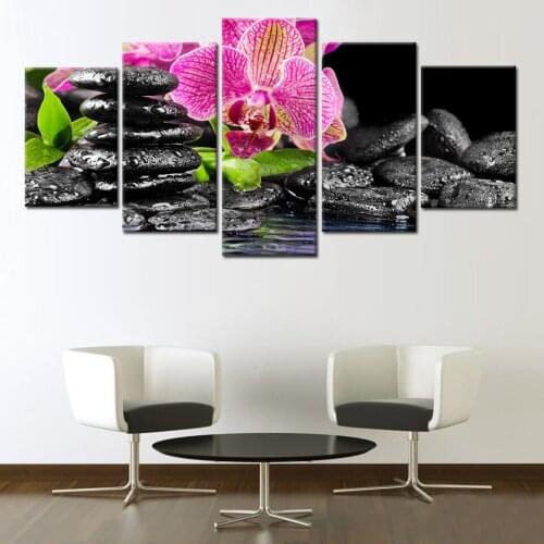 High Definition Printed 5 Pieces Black Spa Stone With Orchid Painting Recuperatio Room Poster Canvas Art Draw Hall Bedroom Decor