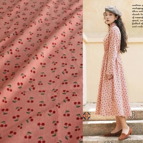 Half meter fresh sweet pink cherry flower cotton corduroy fabric for shirt dress trousers girls garment material T929