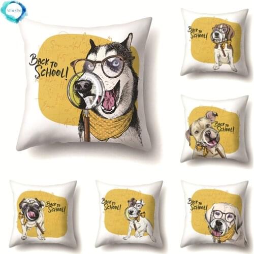 Animal Printed Polyester Cushion Cover Back To School Funny Dogs Decorative Pillow Cover for Living Room Sofa Couch 45x45cm