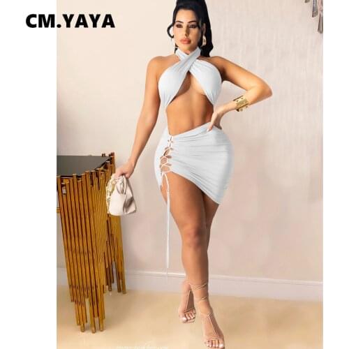 CM.YAYA Women Set Solid Sleeveless Halter Crop Tops Drawstring Asymmetrical Mini Skirts Two 2 Piece Ses Sexy Clubwear Summer