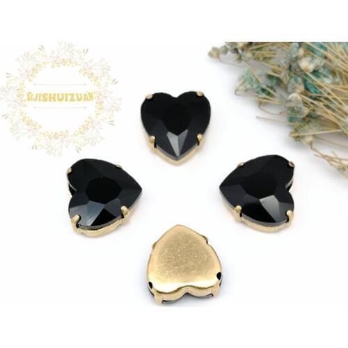 Black Heart shape Crystal Glass Sewing Rhinestones with gold Claw Rhinestones for Diy wedding Dress and Bags