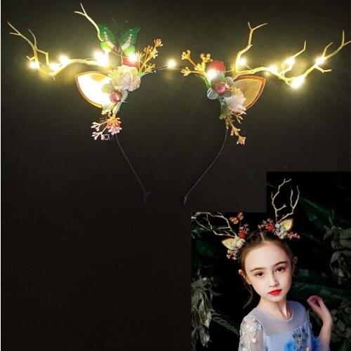 LED Reindeer Antlers Headband Deer Ear Flower Illuminate Crown Hair Clip Party Hairband Gift home decor wedding birthday