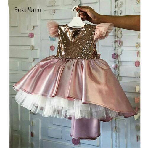Gold Sequins Top Baby Girls Dresses for First Birthday Party Puffy Kids Clothes Infant Girls Dresses