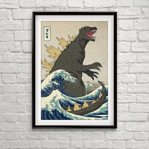 Funny Cartoon Wall Picture The Great Beast Off Kanagawa Art Print Poster Boy Room Decor Wall Canvas Painting Dinosaur Picture