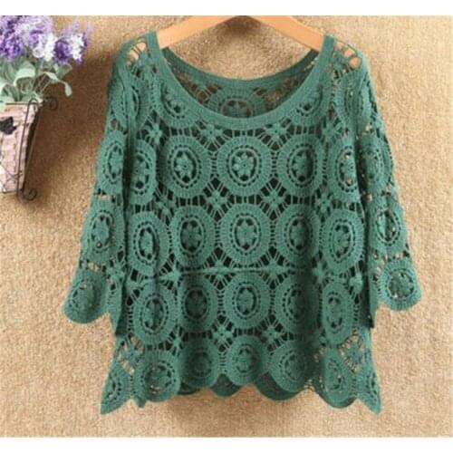 2021 Summer Crop Tops And Blouses Korean Summer Fashion Loose Lace Blouse Vintage Floral Crochet Hollow Out Lace Shirt Women