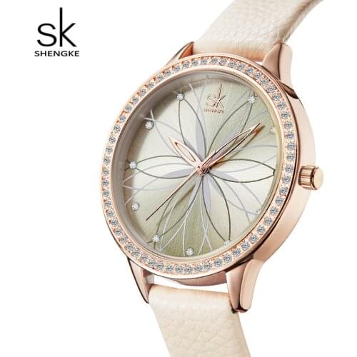 Women Watche Linear Flowers Surface Leather Shengke Watches Crystal Case Japan Quartz Movement Reloj Mujer Montres Femmes